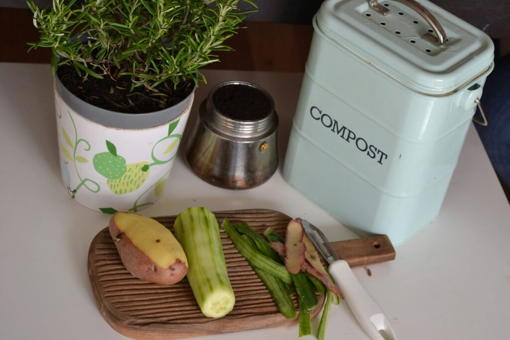 Organized home composting setup with mint plant, compost bin, and fresh vegetable scraps