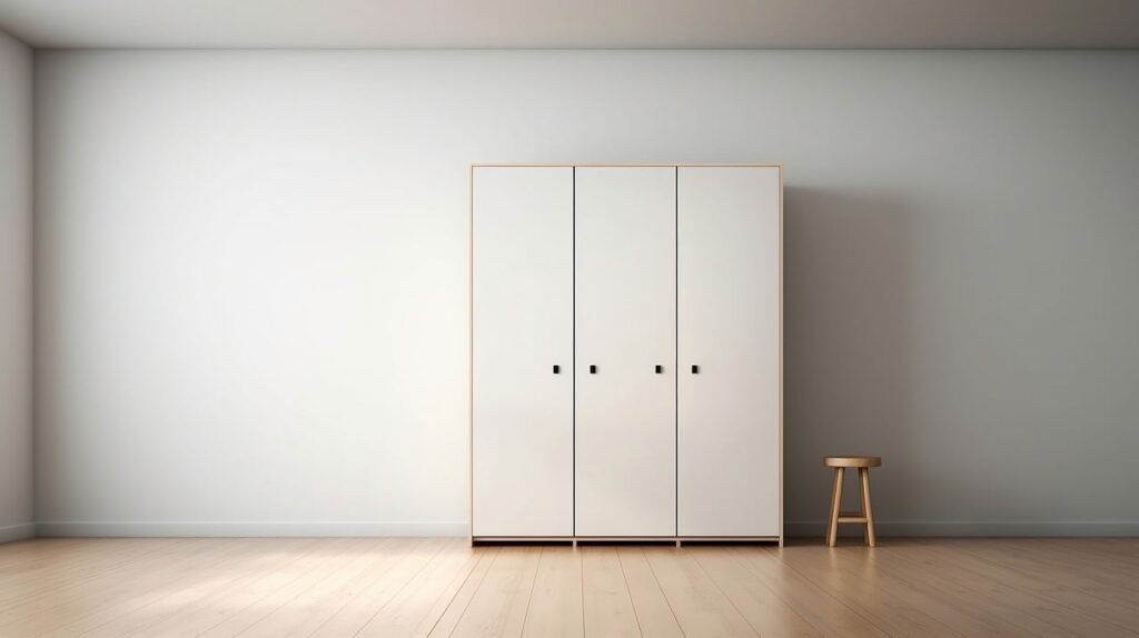 A minimalist white wardrobe with a wooden stool, symbolizing simplicity and sustainable living.