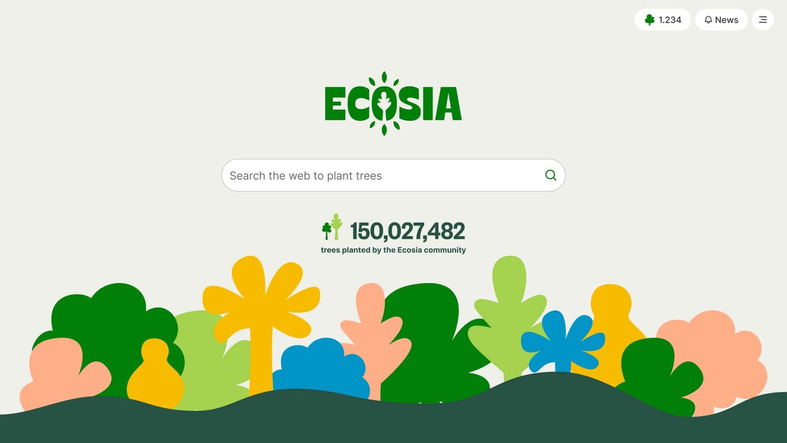 Ecosia search engine homepage with colorful trees representing the positive environmental impact of using Ecosia. Over 150 million trees planted!