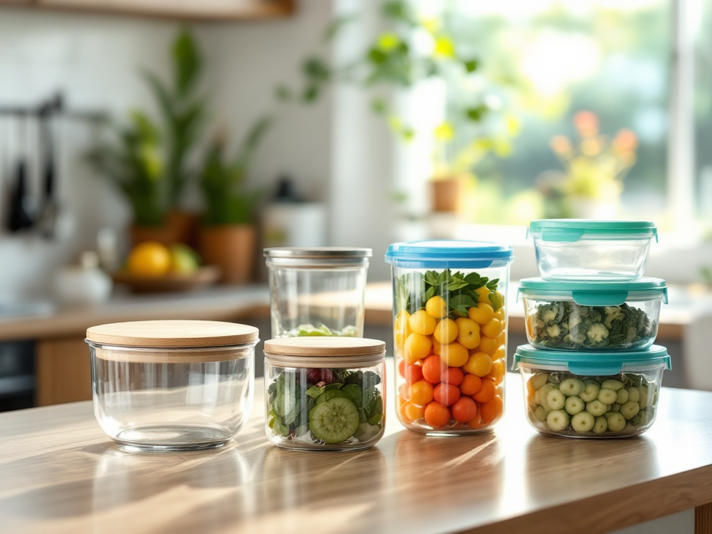 Glass and plastic storage containers filled with fresh produce on a kitchen countertop, highlighting the sustainability debate between glass and plastic.