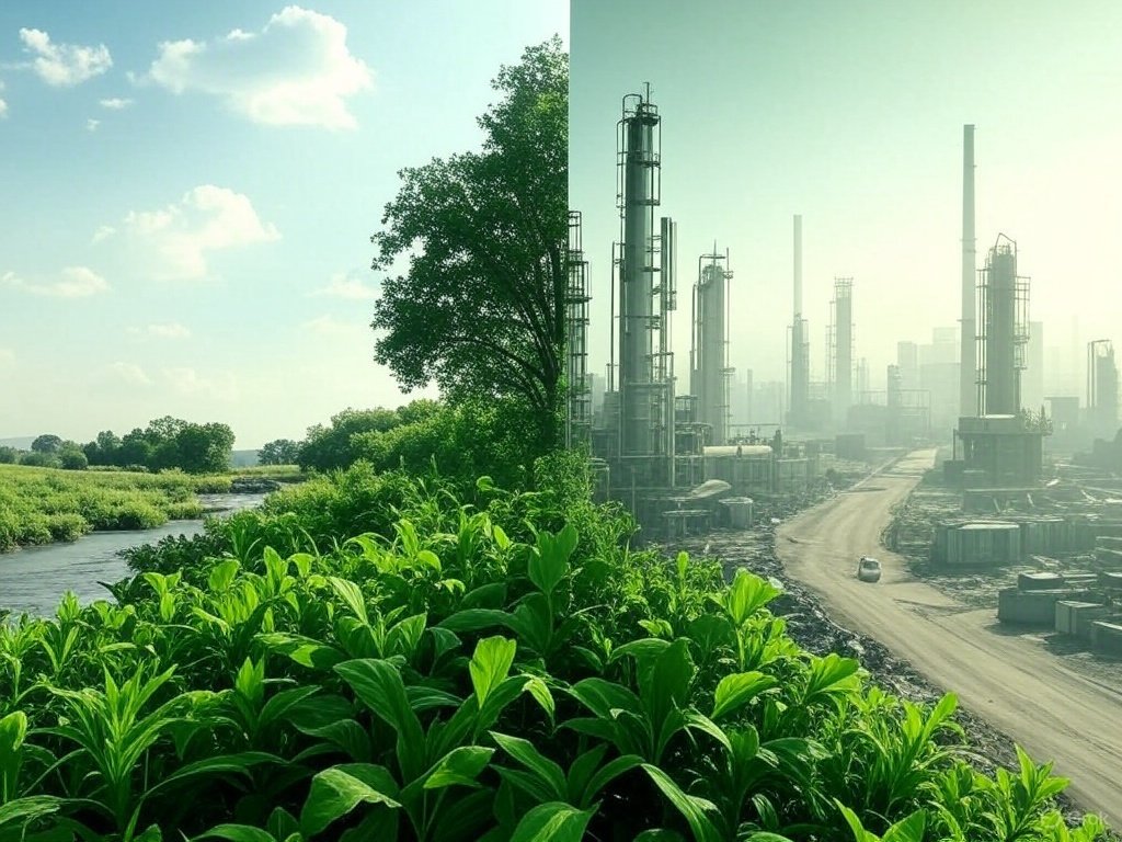 Infographic showing greenwashing in sustainable investing: lush nature on the left for true sustainability, industrial smokestacks on the right for misleading claims.